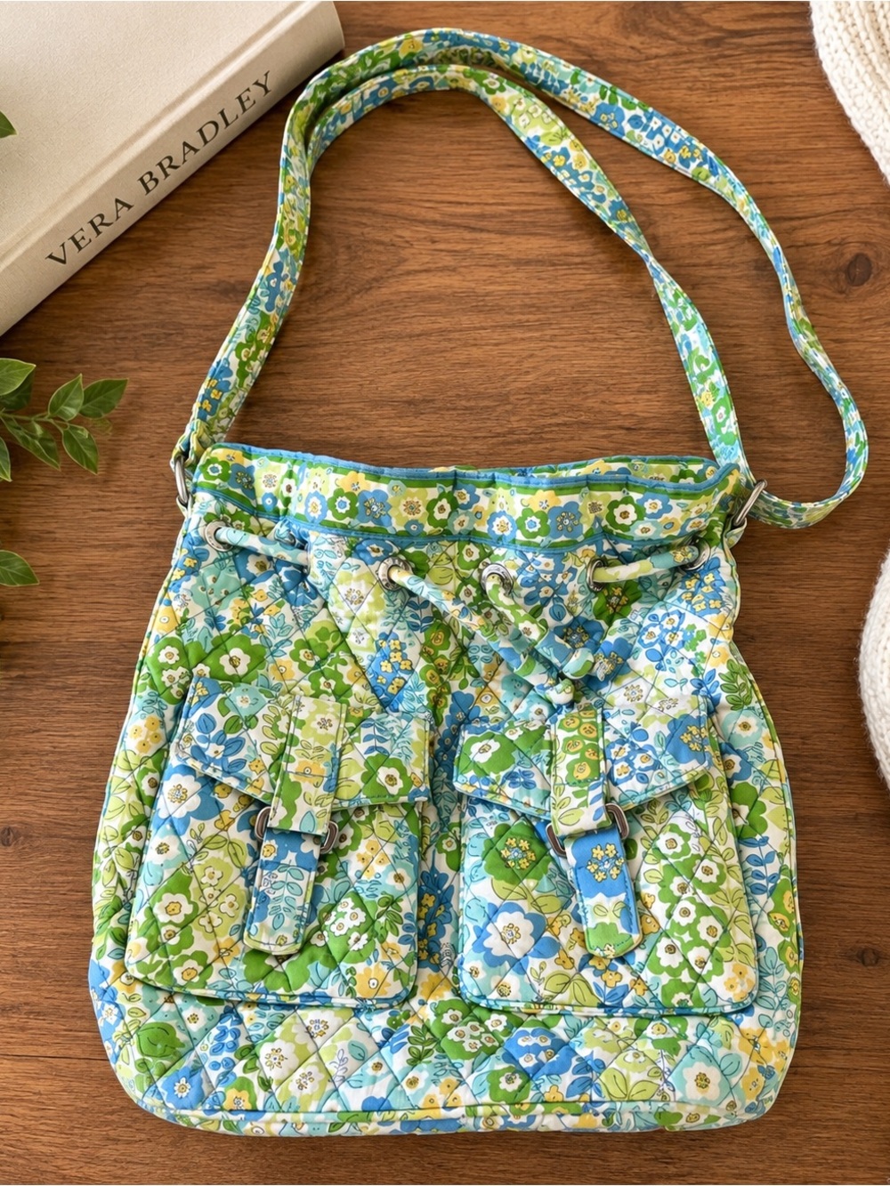 Vera Bradley English Meadows Drawstring Shoulder Bag Quilted Floral Cotton Purse